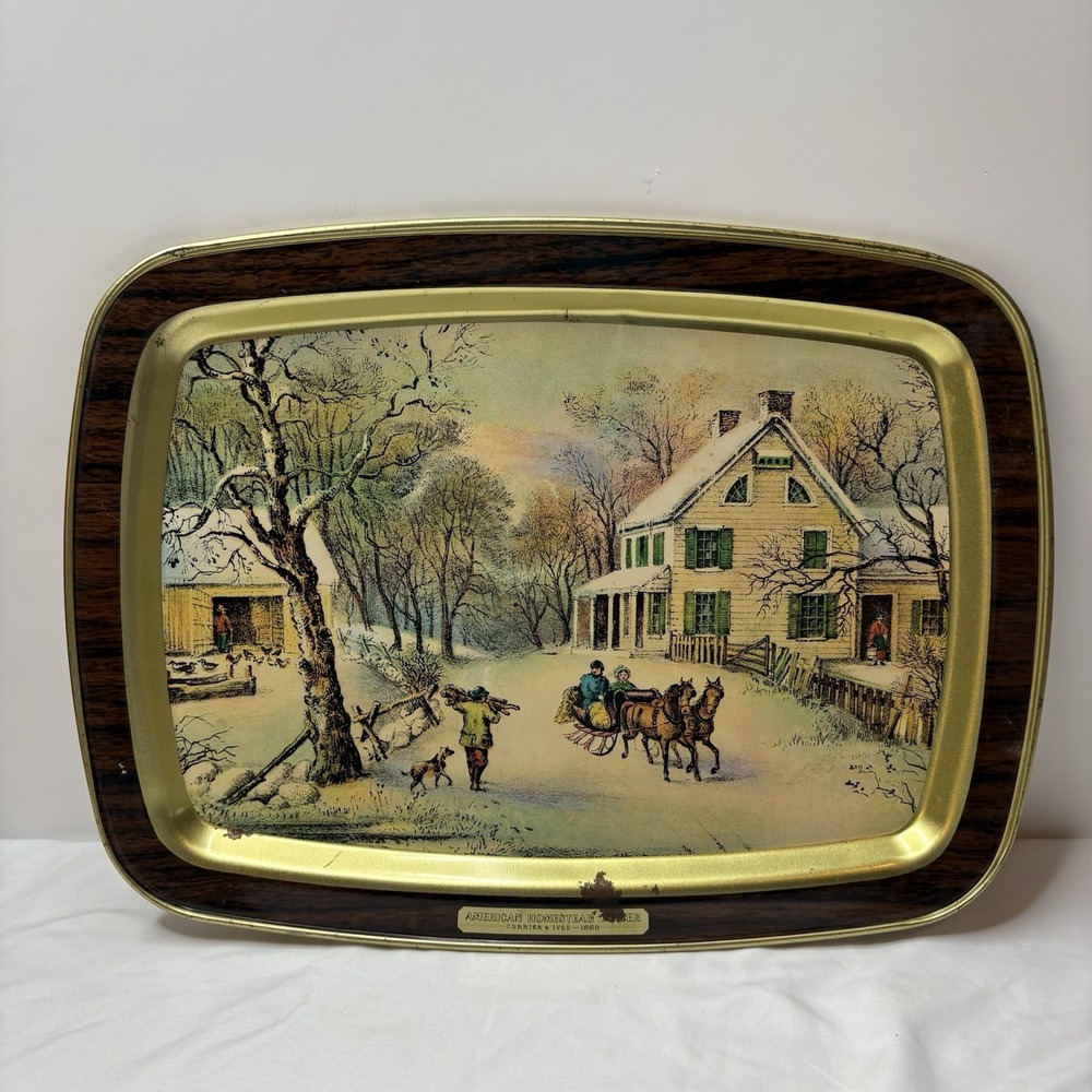 Vintage Currier and Ives Metal Serving Tray American Homestead‎ Winter 1868